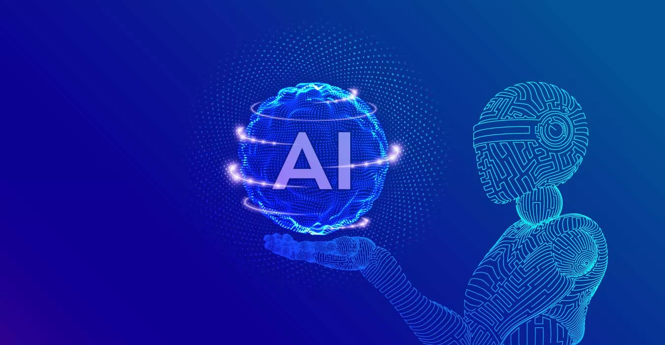 Ilustración que representa el marketing impulsado por inteligencia artificial, mostrando un robot con gráficos de datos, un megáfono y un gráfico de crecimiento, simbolizando la automatización y mejora de estrategias de marketing.