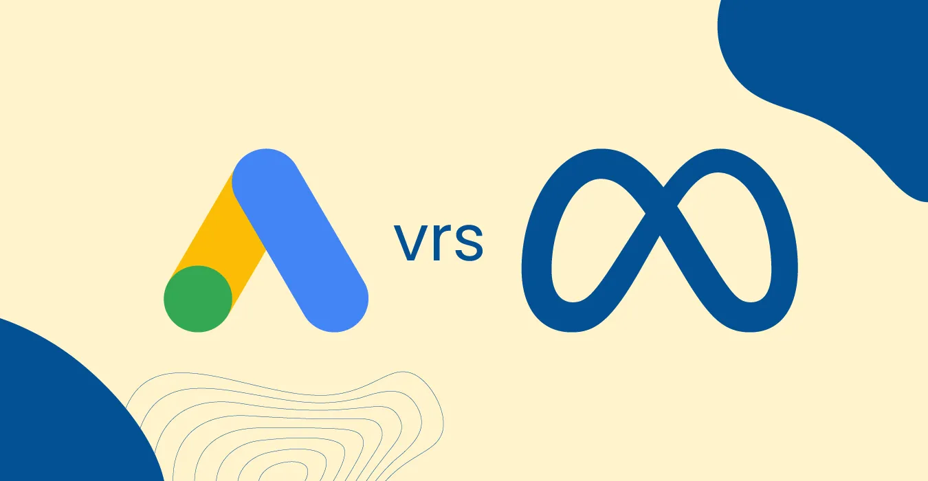 Ilustración comparativa de Google Ads y Facebook Ads con sus respectivos logotipos, mostrando diferentes estrategias de publicidad digital en ambas plataformas