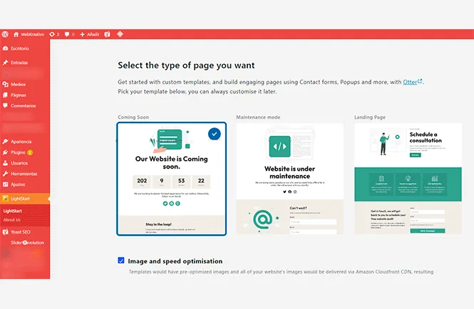 Imagen que muestra la interface del plugin Lightstart para crear página de "Mantenimiento del sitio web" para WordPress.