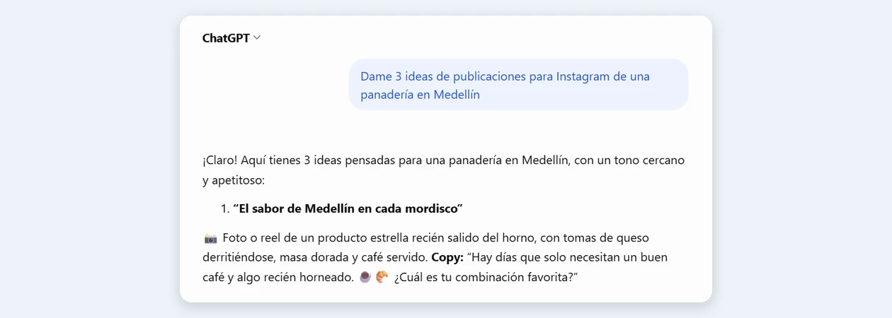 Ejemplo de conversación en Chat GPT: un negocio colombiano pide ideas de publicaciones para Instagram