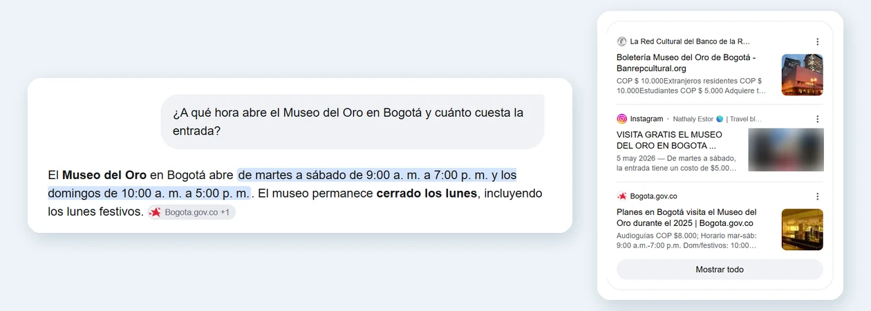 Ejemplo de GEO: respuesta del Modo IA de Google que cita las páginas web usadas como fuente